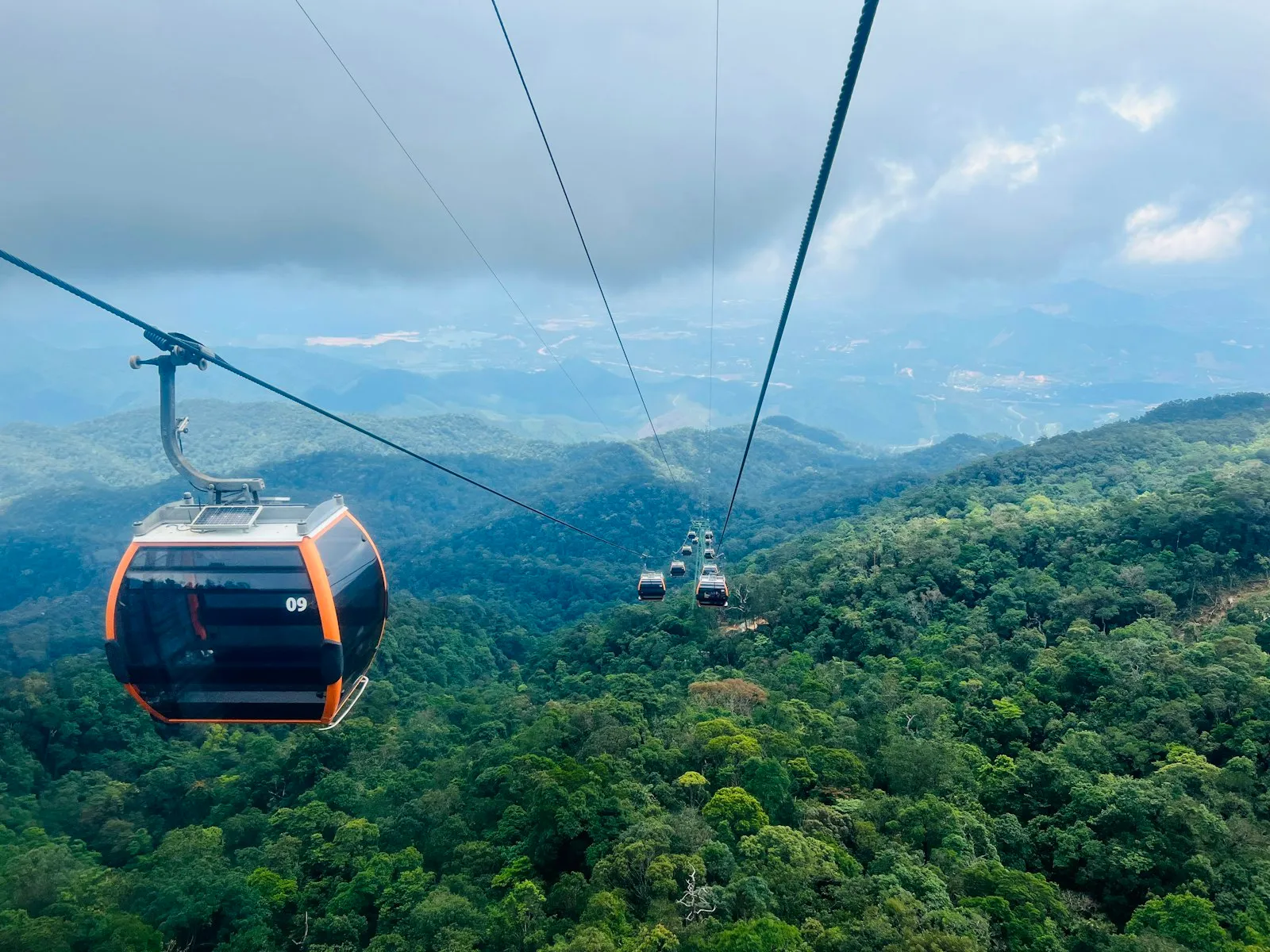 a group of people on a cable car above trees