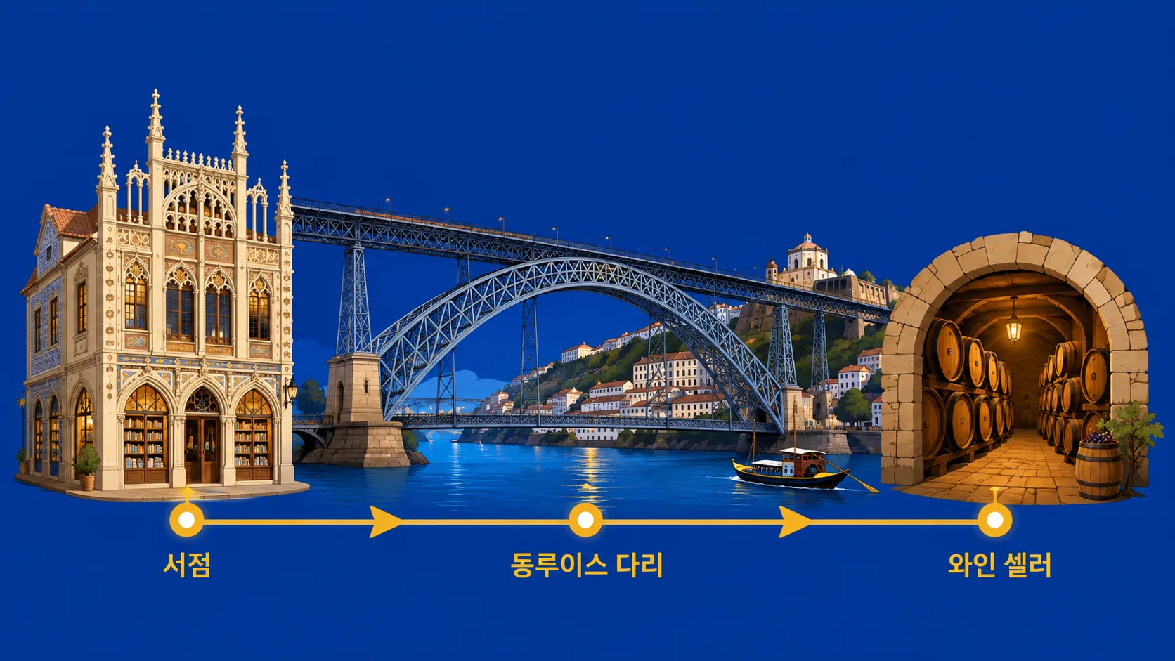 렐루 서점 동루이스 다리 포트와인 셀러 투어 동선 일러스트