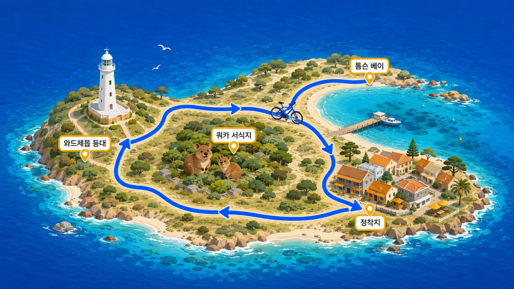 Rottnest Island 10 km cycling route infographic for spotting quokkas