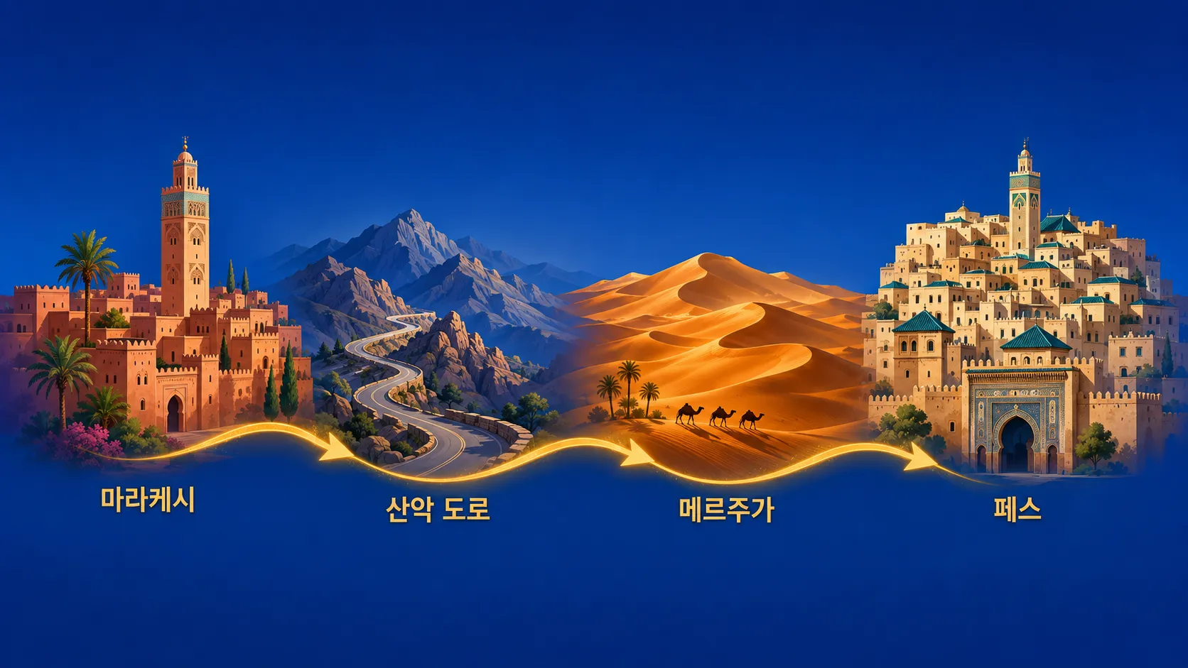 Illustration of the travel route for a 2-night, 3-day desert tour from Marrakech to Merzouga