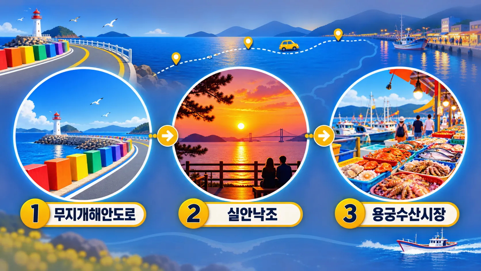 사천 일몰 드라이브와 회 식사 동선 인포그래픽