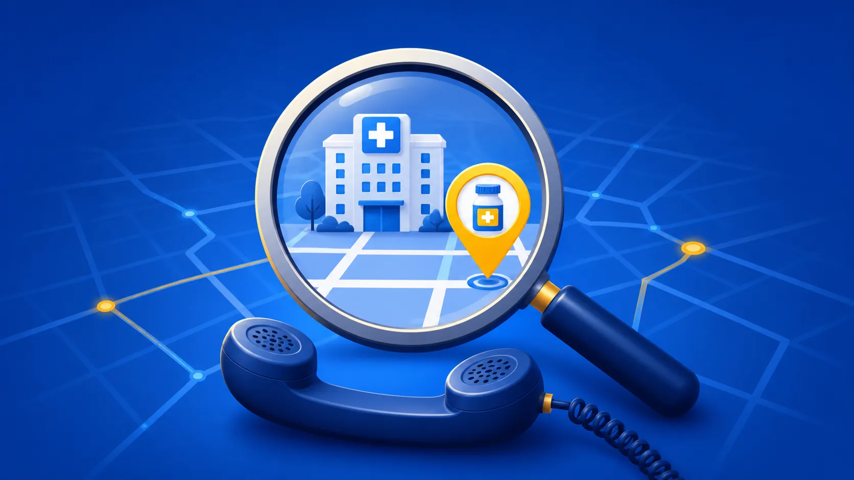 Illustration showing how to find hospitals and pharmacies on a map and call to confirm