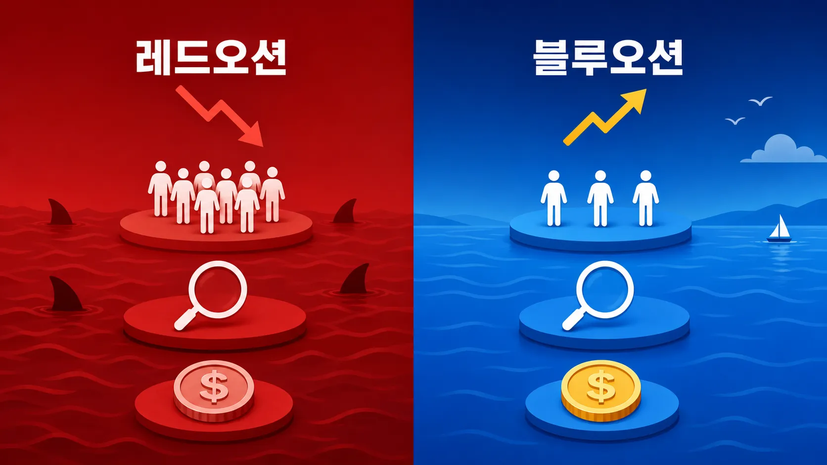 레드오션과 블루오션 부업의 특징 비교 인포그래픽