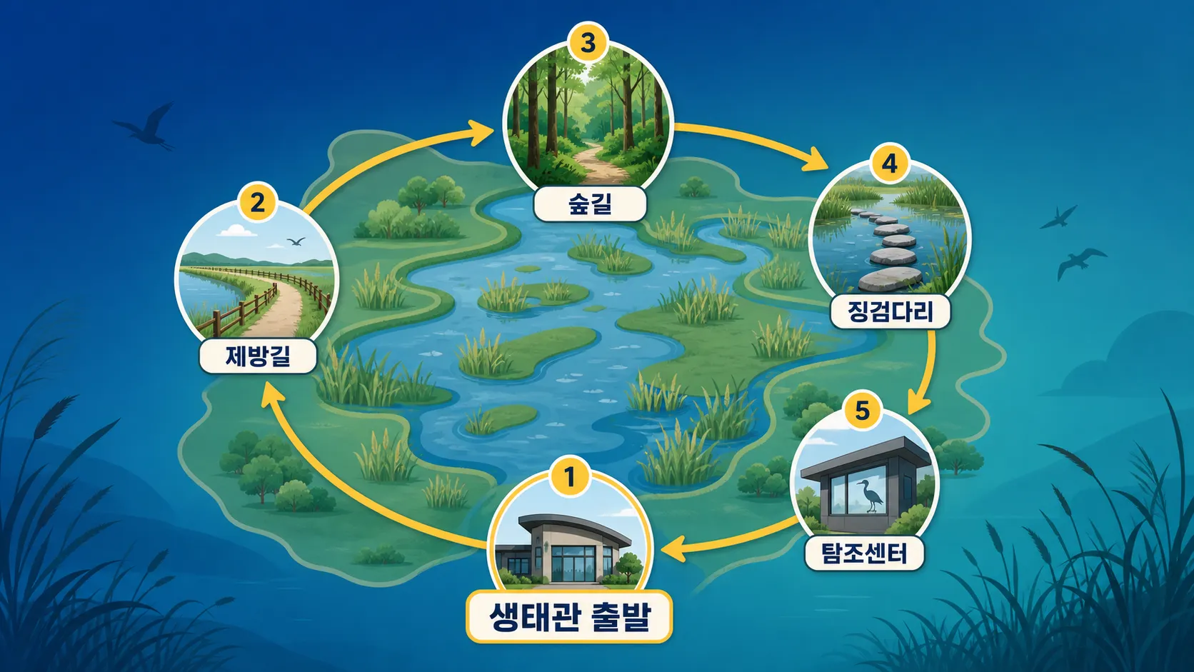 우포늪 자전거 완주 코스 생태관 대대제방 소목주차장 사초군락 순서 인포그래픽
