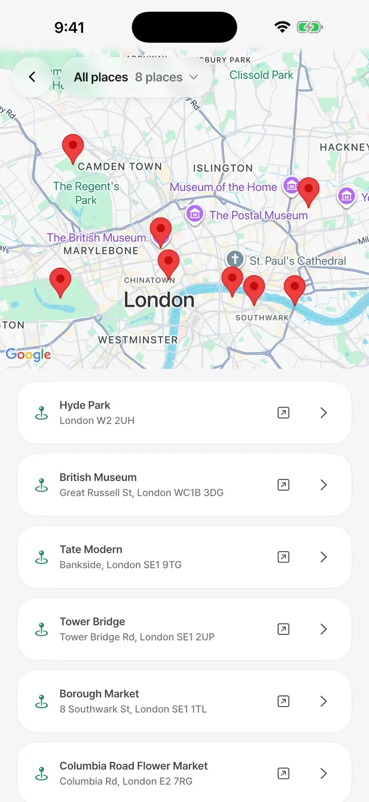 Saved places together on a map and in a list