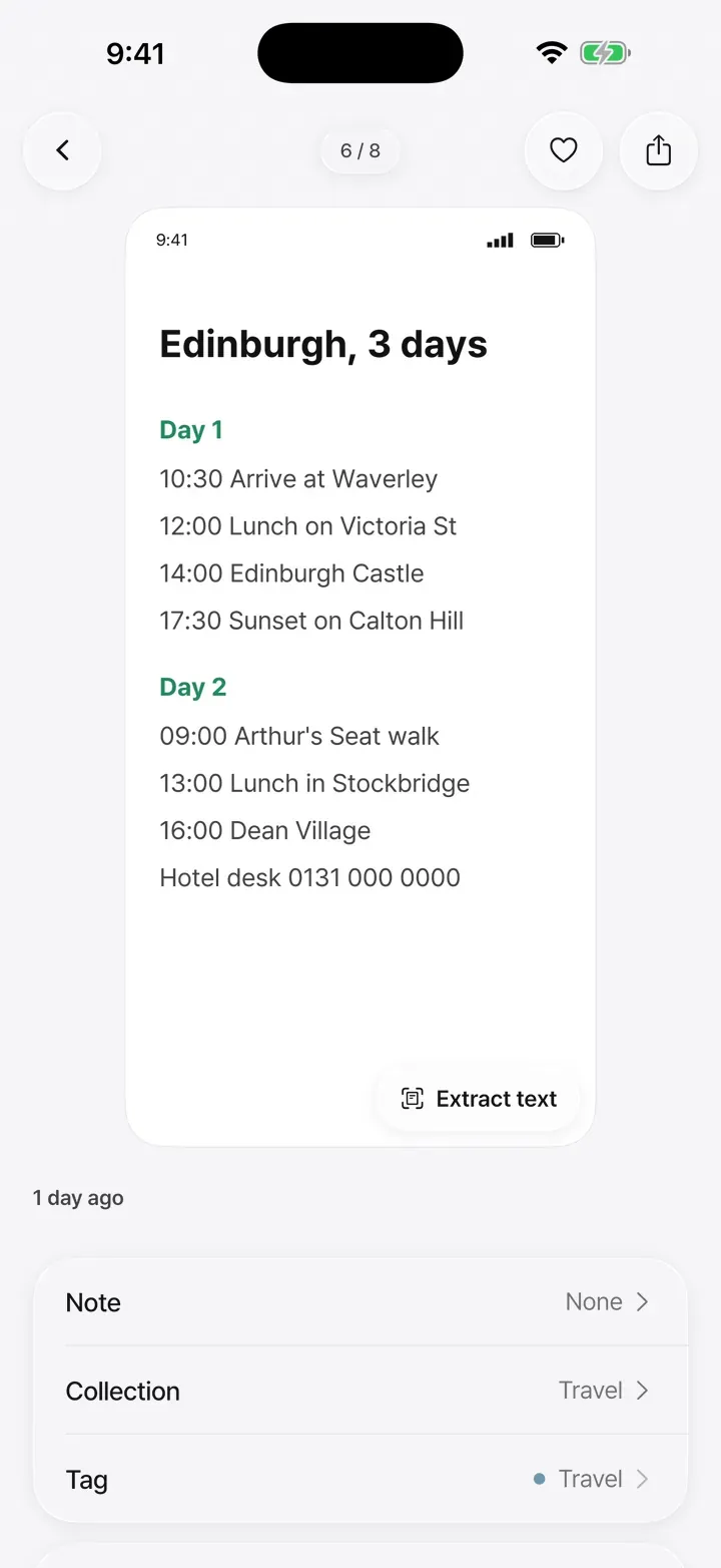 The text of a screenshot itinerary, read and shown