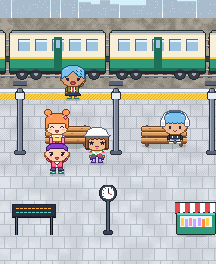 기차역: 기차가 서 있는 작은 역 승강장. 벤치에 앉아 다음 기차를 기다려요